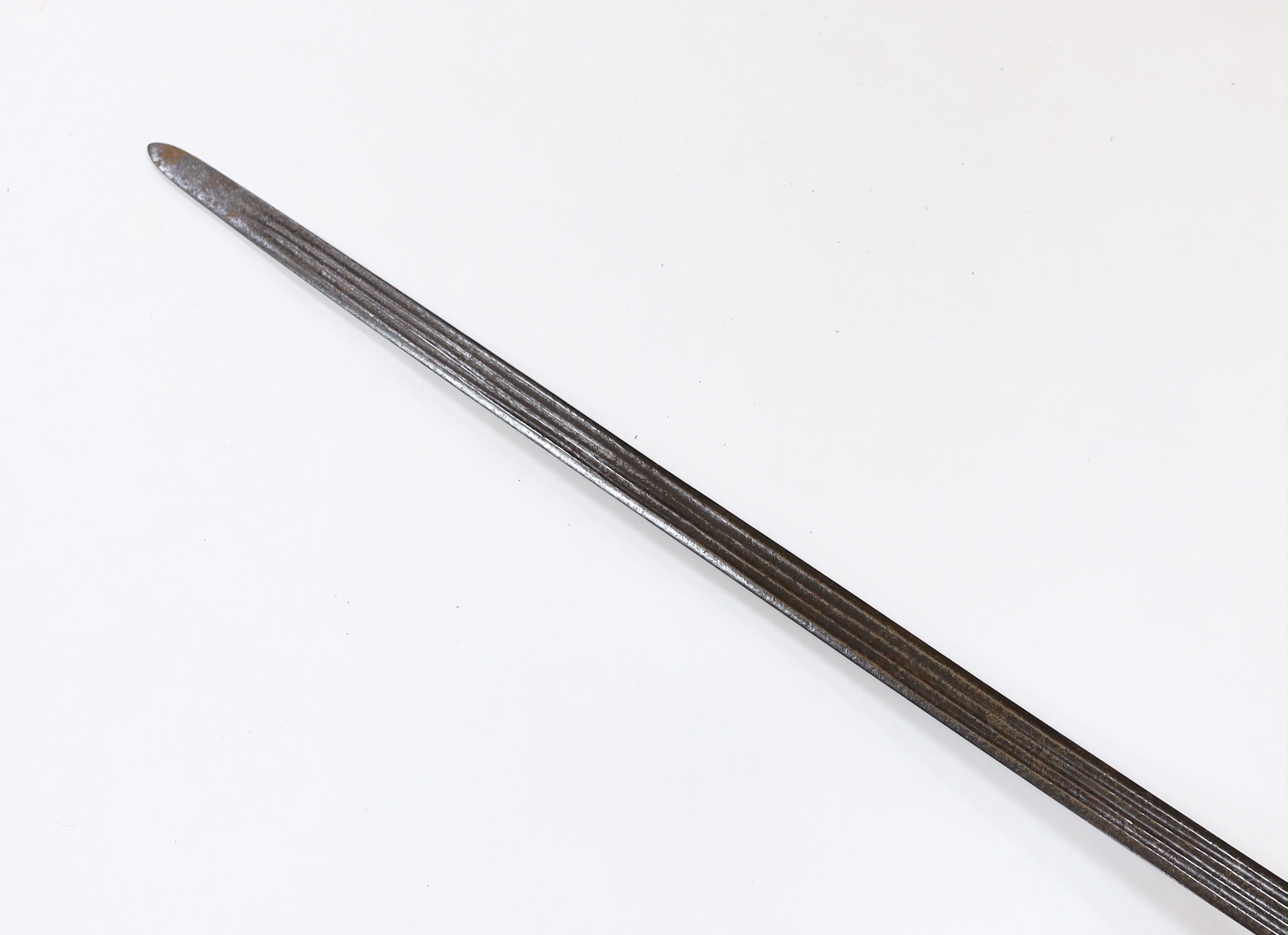 An early 18th century Scottish or English broadsword, with steel basket and pommel and triple fullered Andrea Ferara blade, blade 84cm